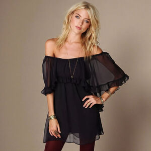 Free People Sheer Black Off Shoulder Ruffle Mini Dress Size S